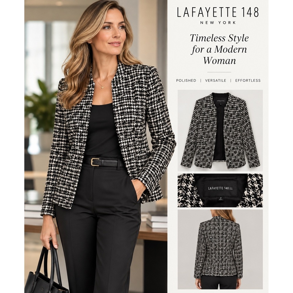 Lafayette 148 New York Houndstooth Wool Blend Open Front Blazer Jacket Black 8